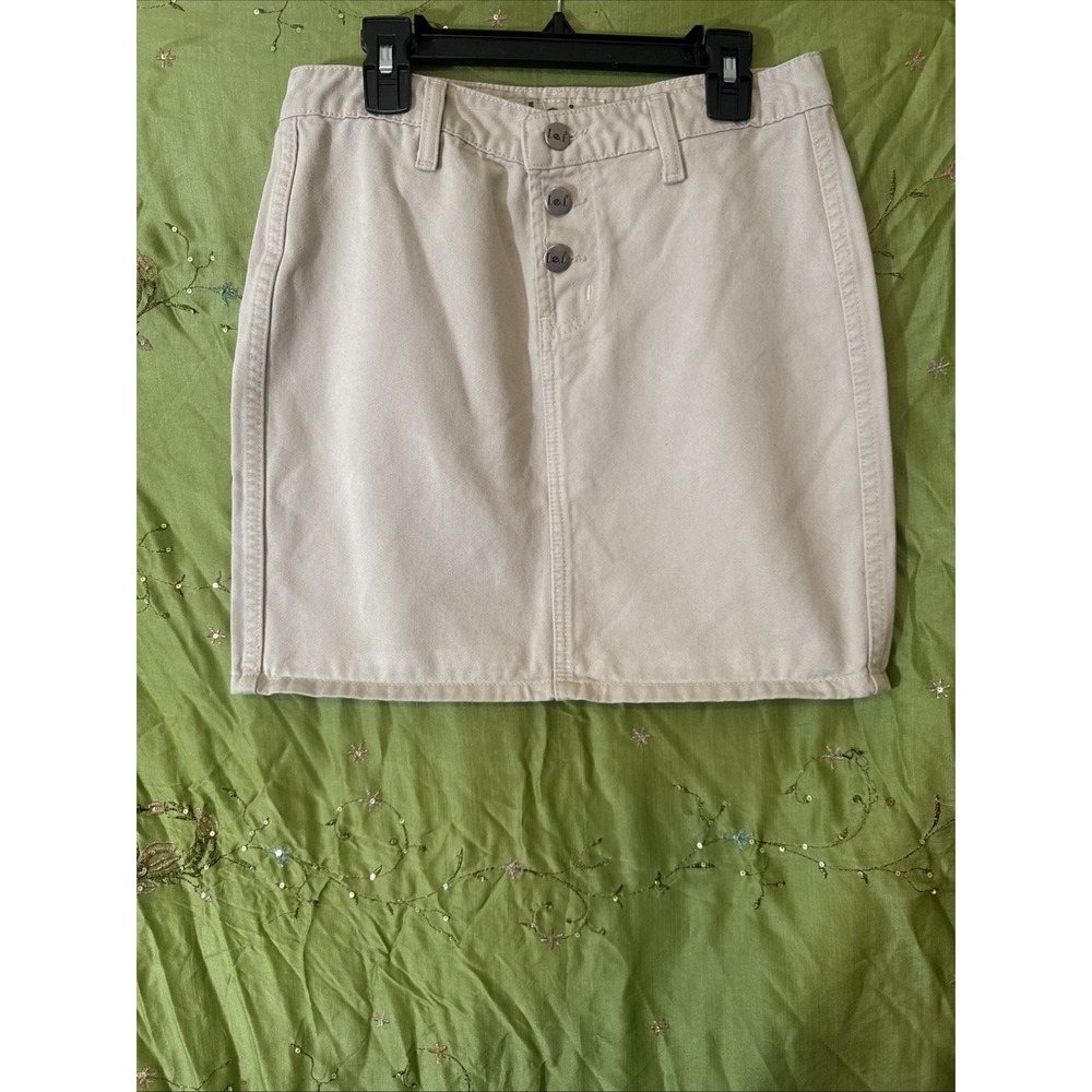 Vintage Y2K Denim Skirt By Lei Beige Buttons Slit 100% Cotton Juniors Size‎ 1